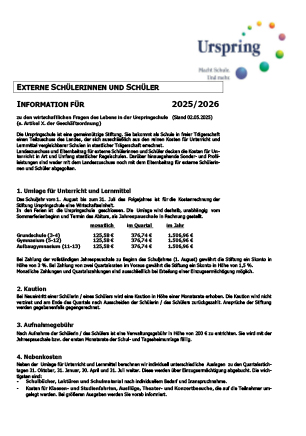 Kostenübersicht für externe Schüler 2025 / 2026