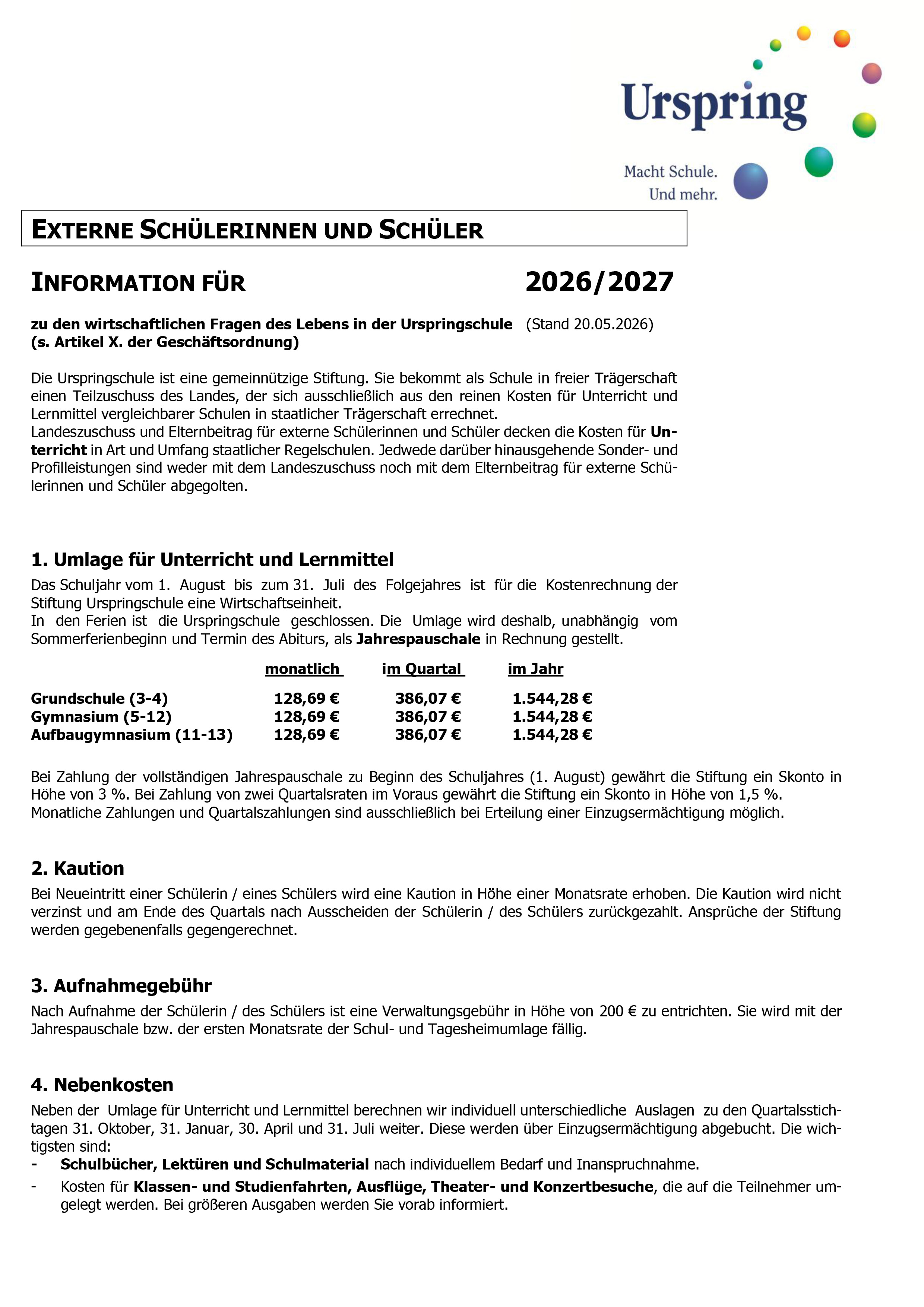 Kostenübersicht für externe Schüler 2026 / 2027