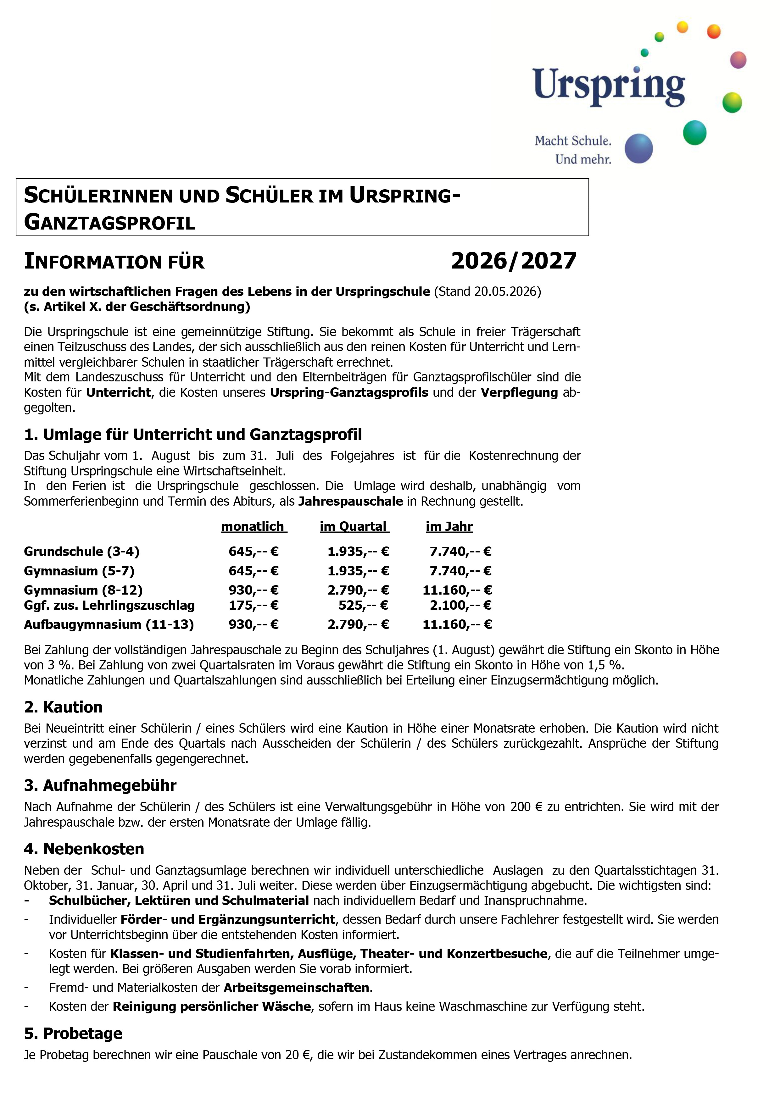 Kostenübersicht für Schüler 2026 / 2027