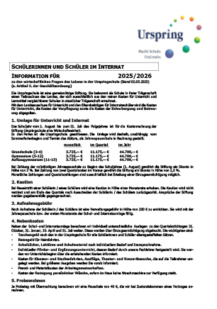 Kostenübersicht für Internatsschüler 2025 / 2026