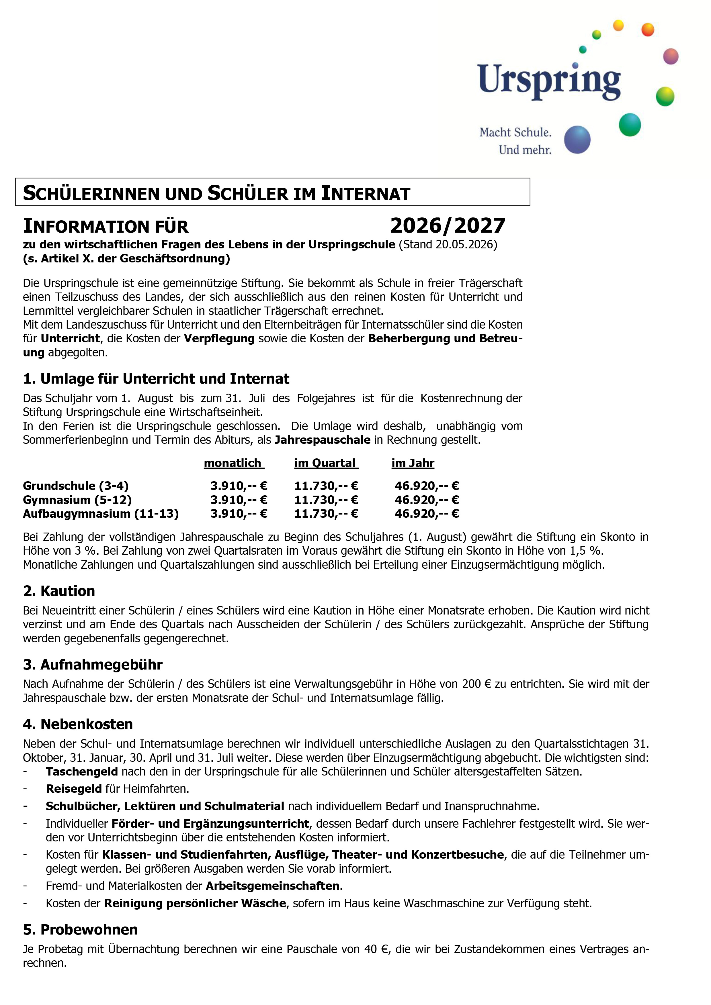Kostenübersicht für Internatsschüler 2026 / 2027