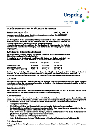 Kostenübersicht für Internatsschüler 2023 / 2024