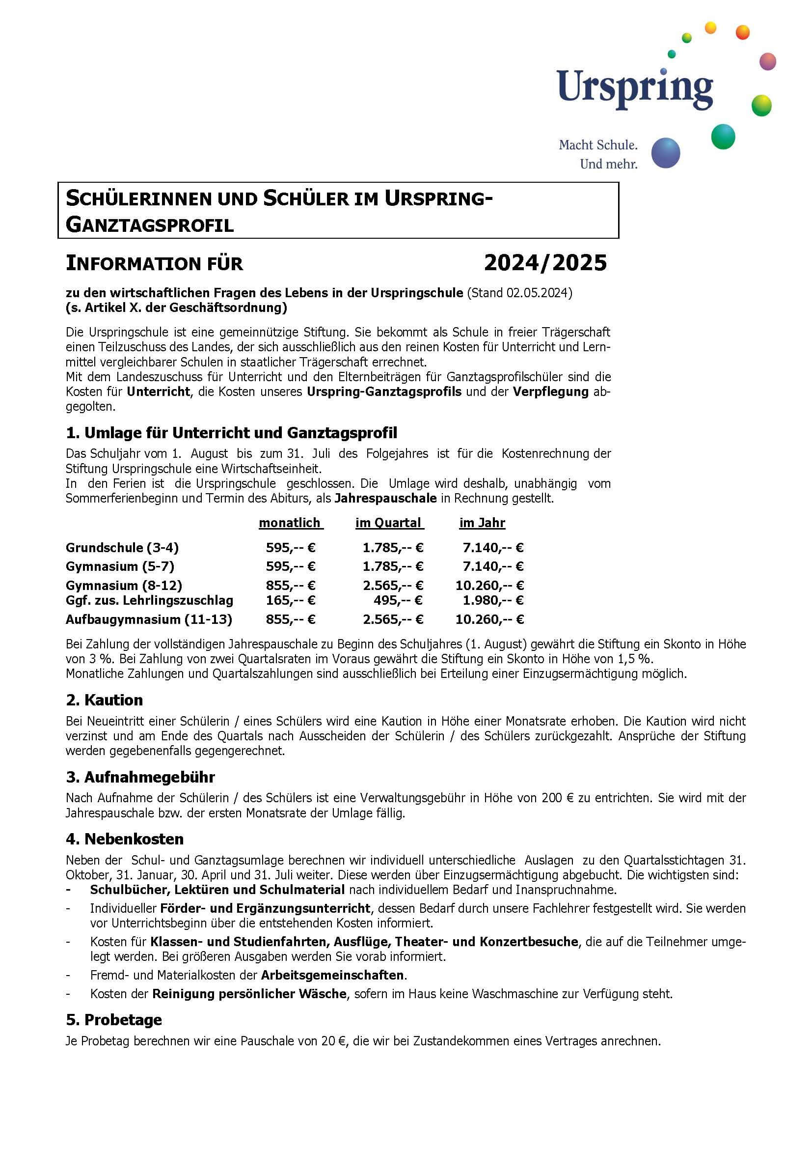 Kostenübersicht für Schüler 2024 / 2025